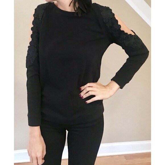 Loft Sz S Black Lace Embroidered Cold Shoulder Light Sweatshirt Top Blouse Women - Picture 3 of 12